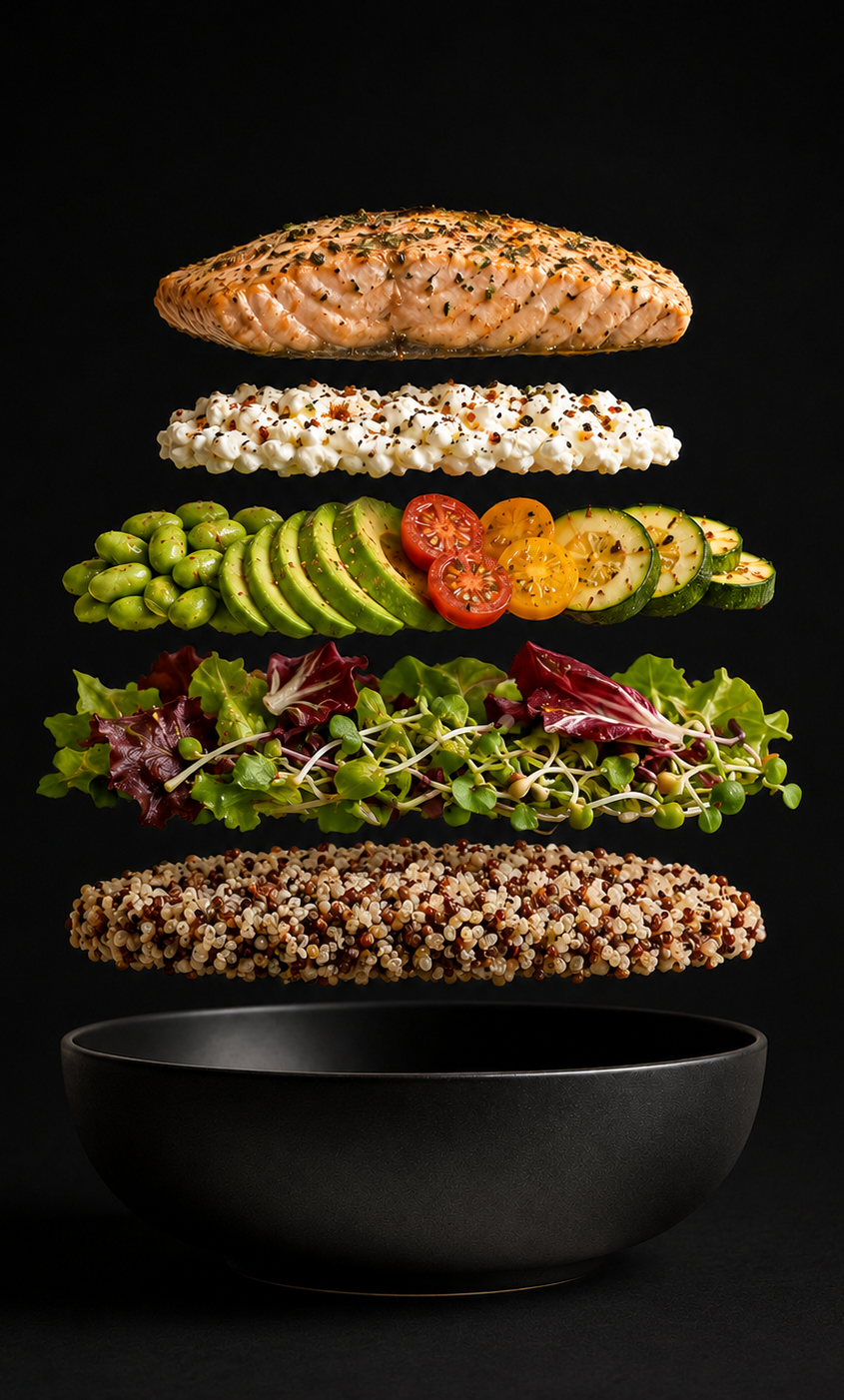 Deconstructed Lulu poké bowl, ingredients stacked in mid-air