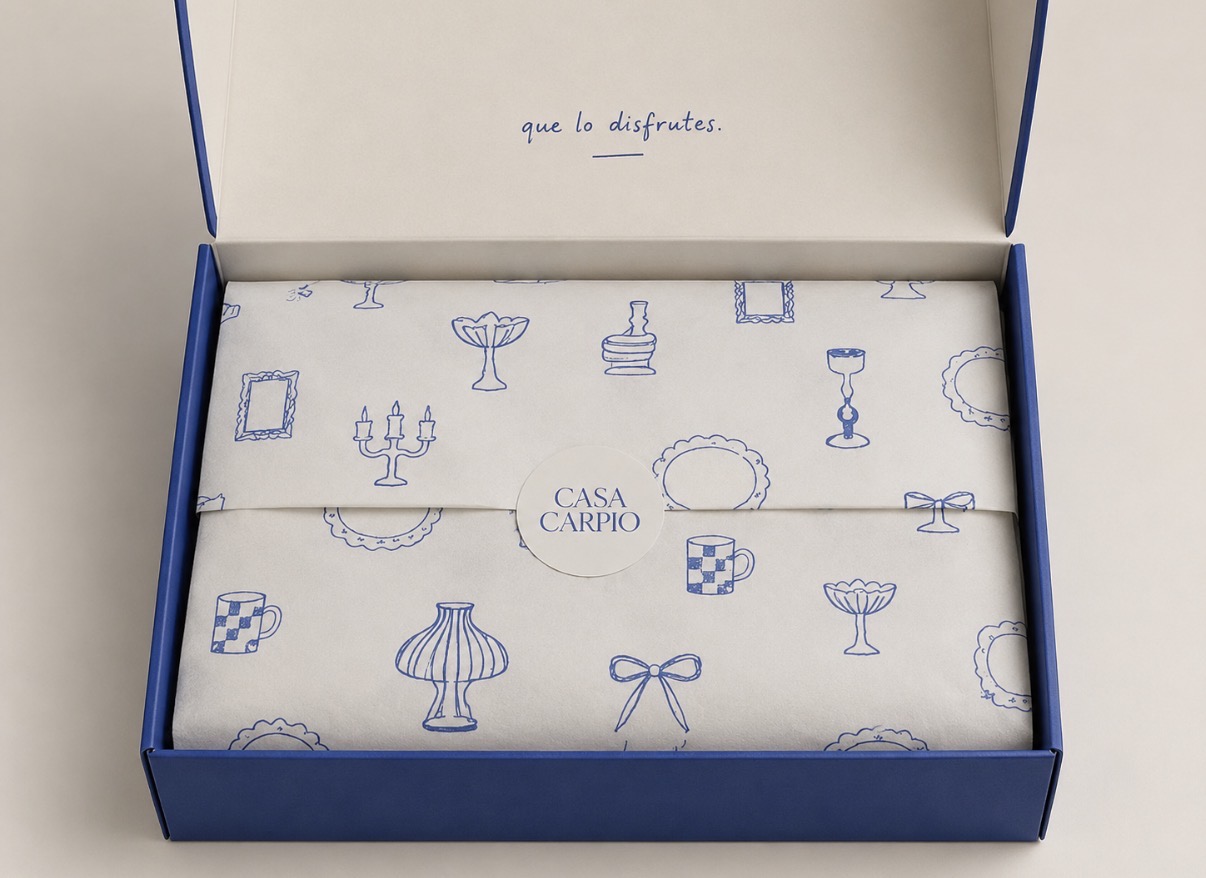 Casa Carpio tissue paper printed with blue line-art objects