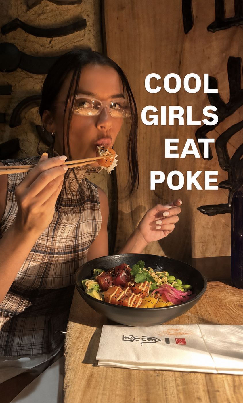 Woman eating a poké bowl with chopsticks