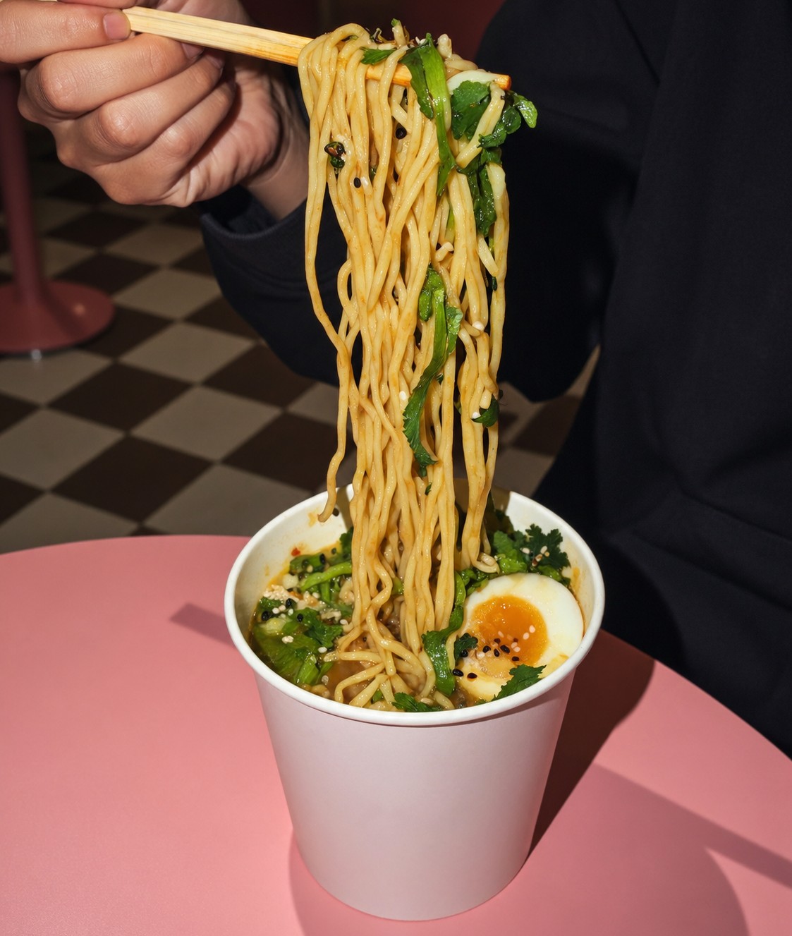 Chopsticks lifting noodles above a pink Cheap Noodles cup