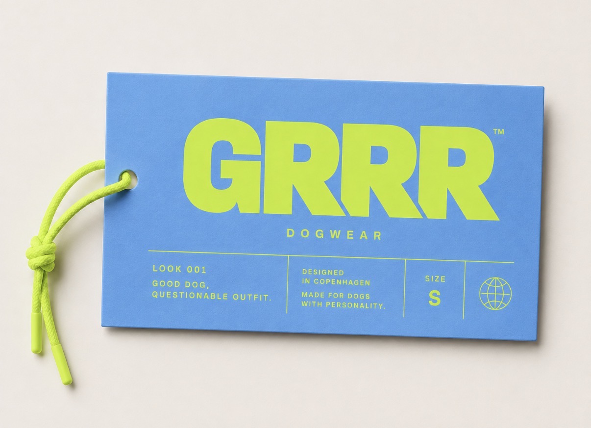 GRRR swing tag in cobalt blue and acid green