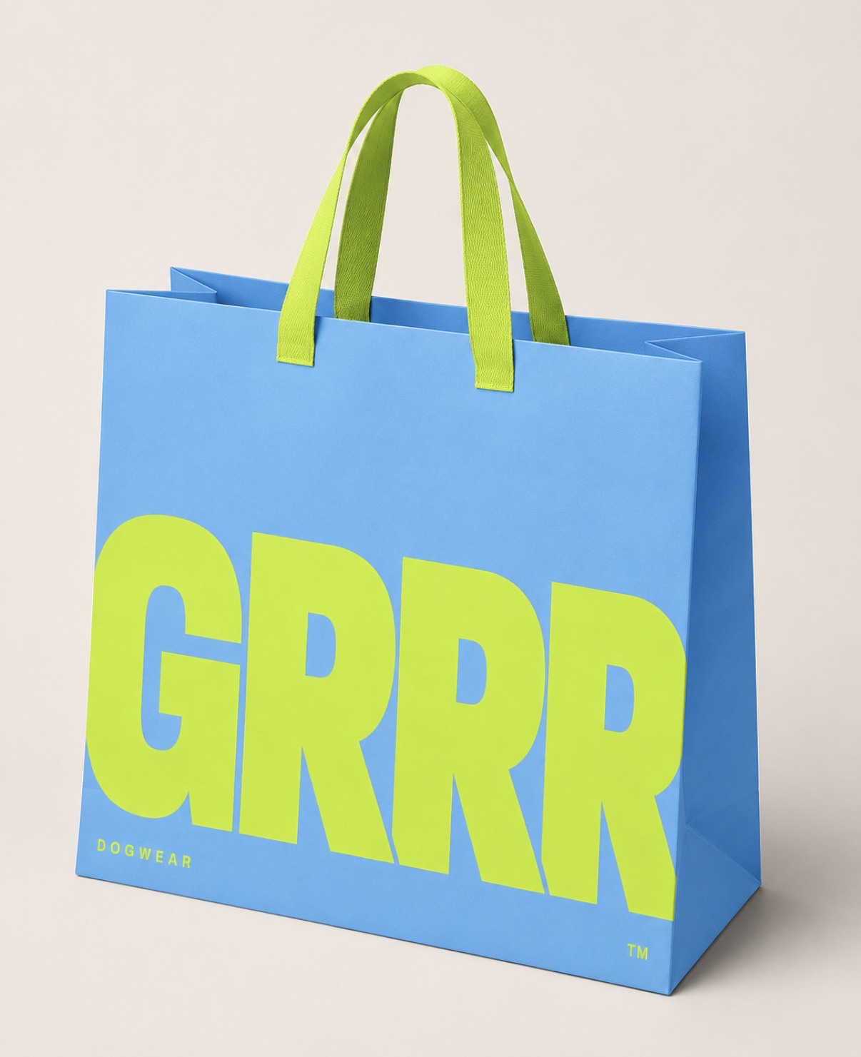 GRRR cobalt shopping bag with acid green logotype