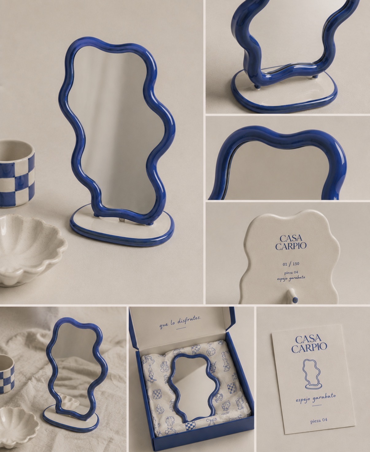 Casa Carpio espejo garabato, a blue wavy ceramic mirror