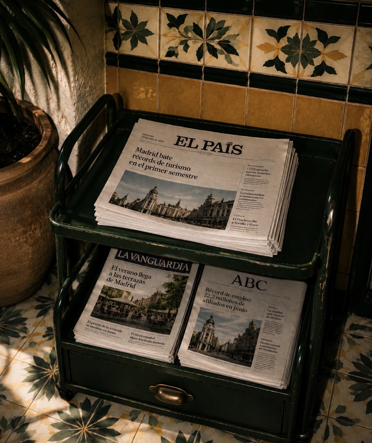 Newspaper trolley beside patterned tile