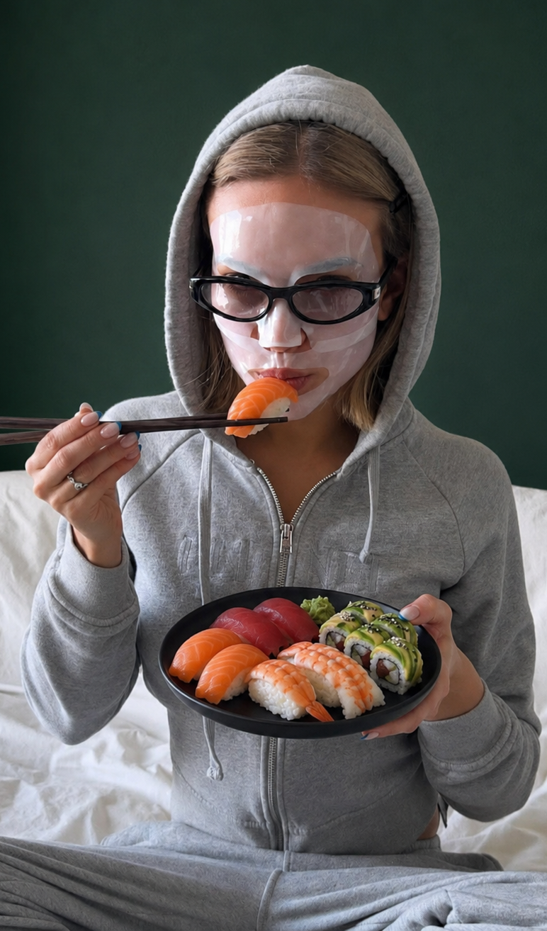 Person in a sheet mask and hoodie eating sushi