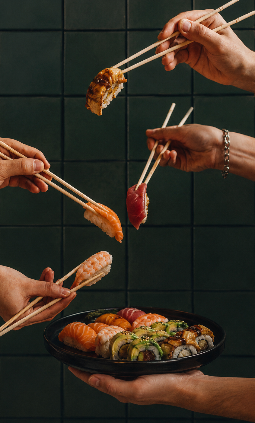 Hands lifting sushi with chopsticks over a black plate