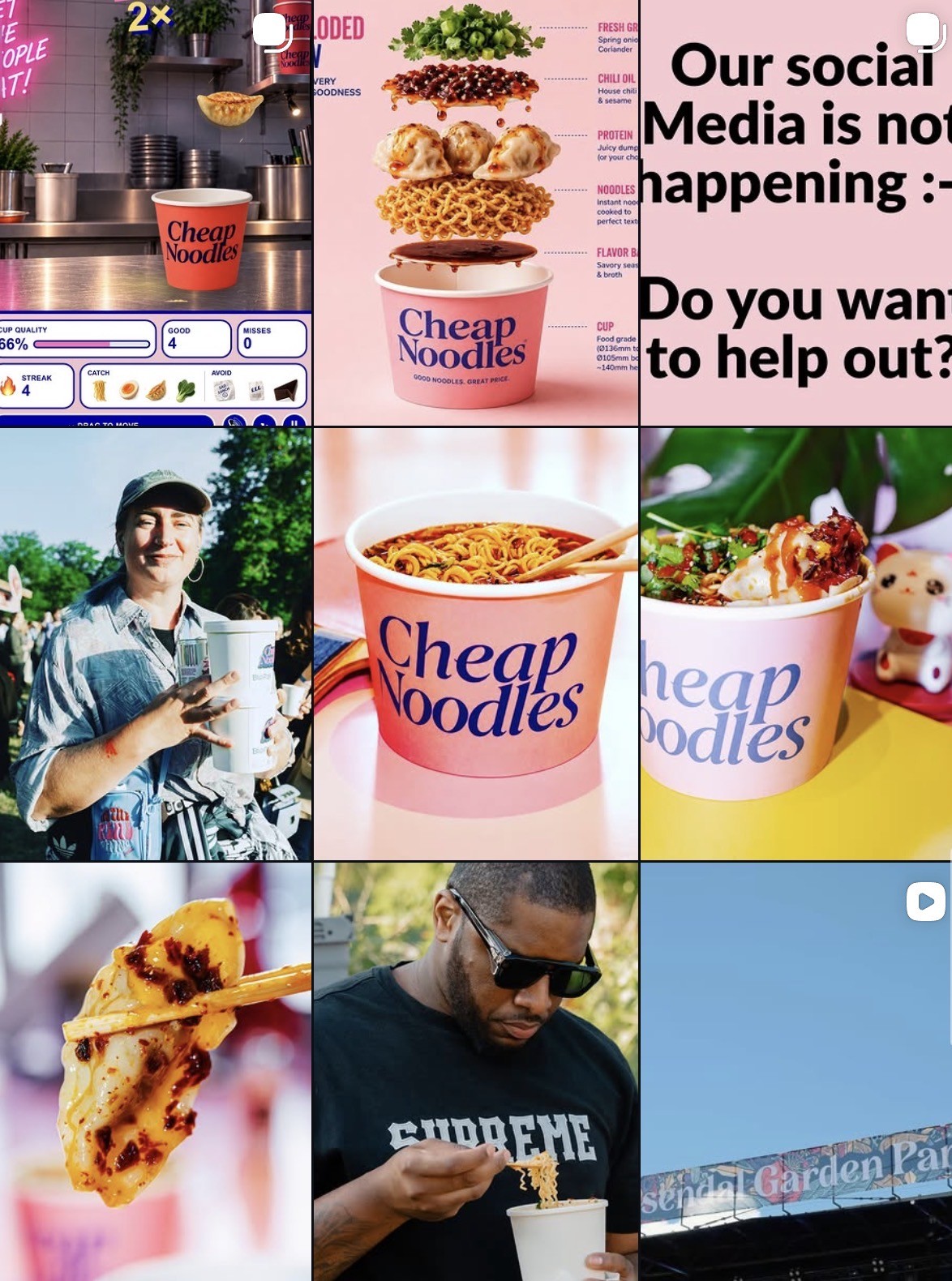Collage of the existing Cheap Noodles social media content