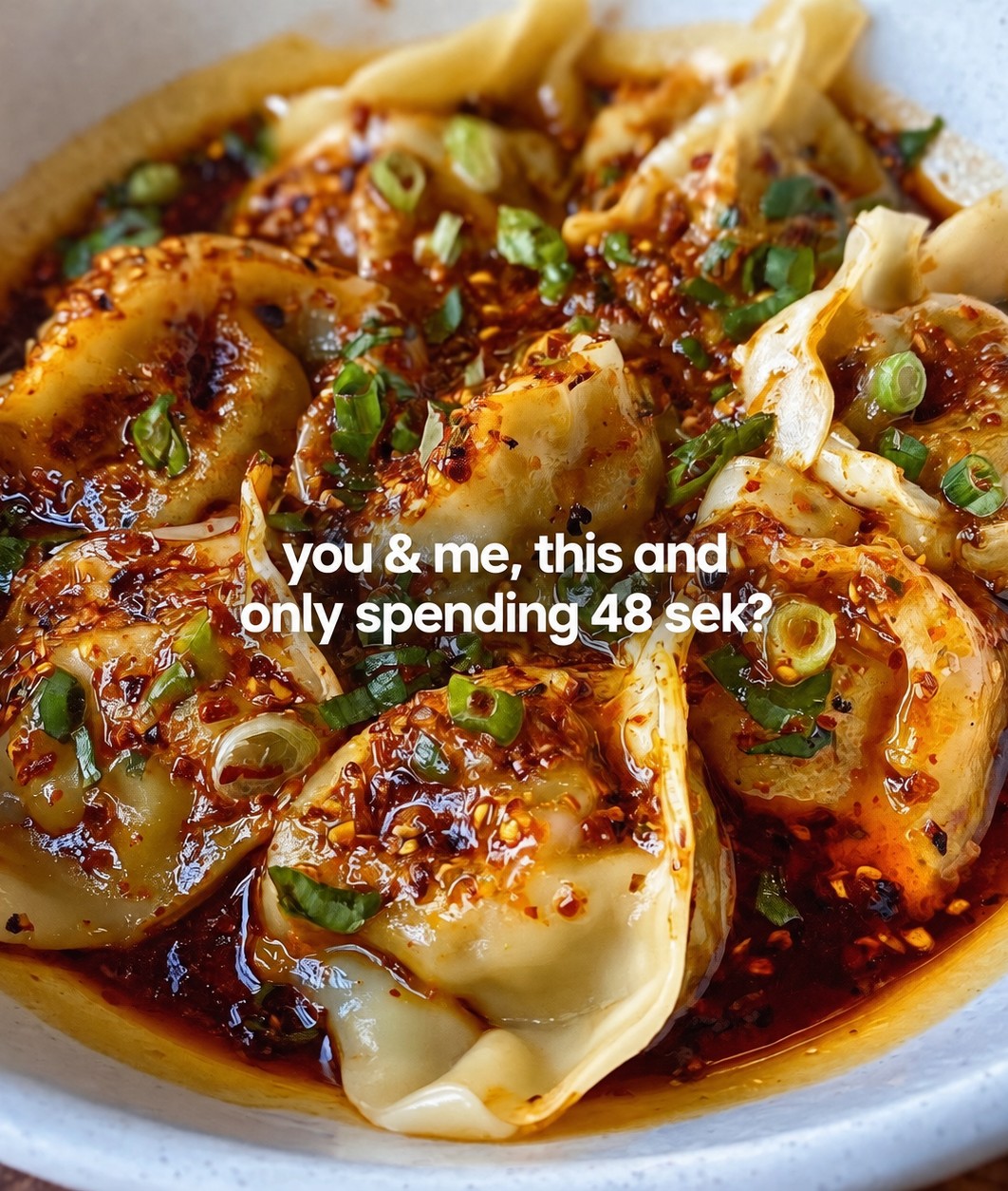 Bowl of dumplings with a social caption overlay