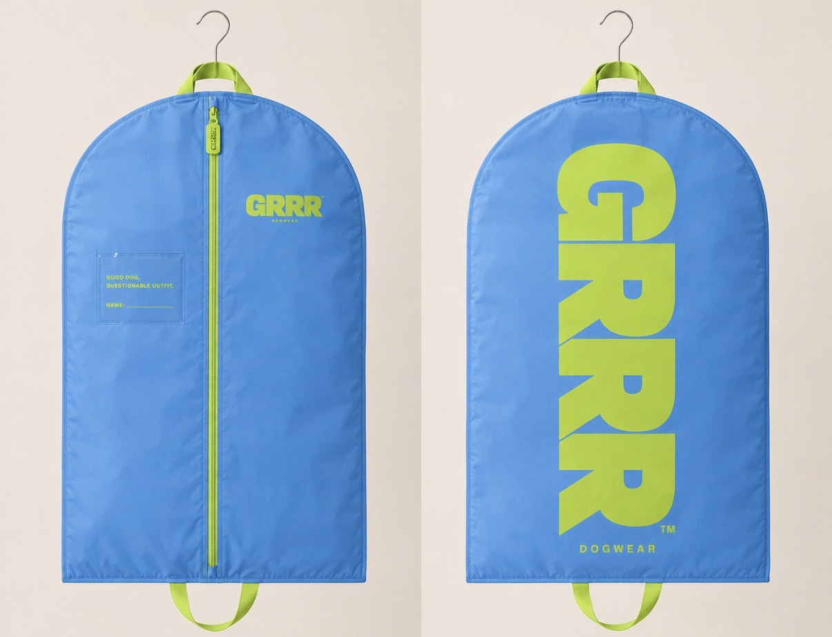 GRRR blue garment bag, front and back