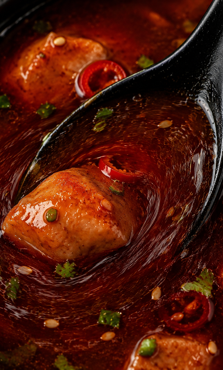 Close-up of a spicy Lulu broth with a spoon